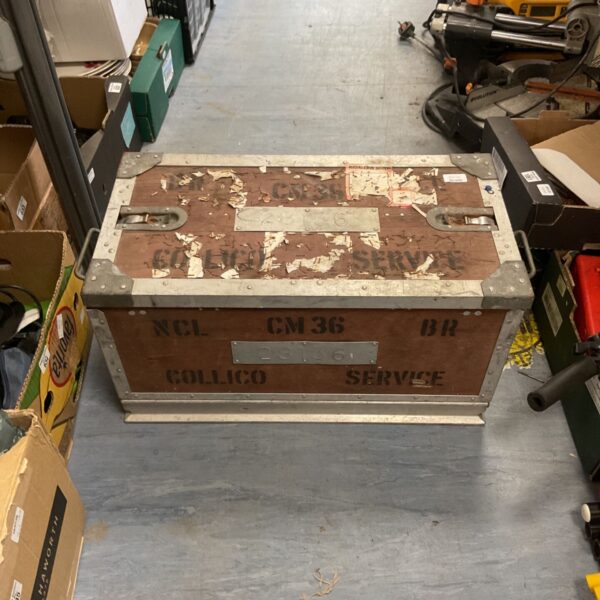 Vintage British Railway collico trunk, model CM36, showing wear.