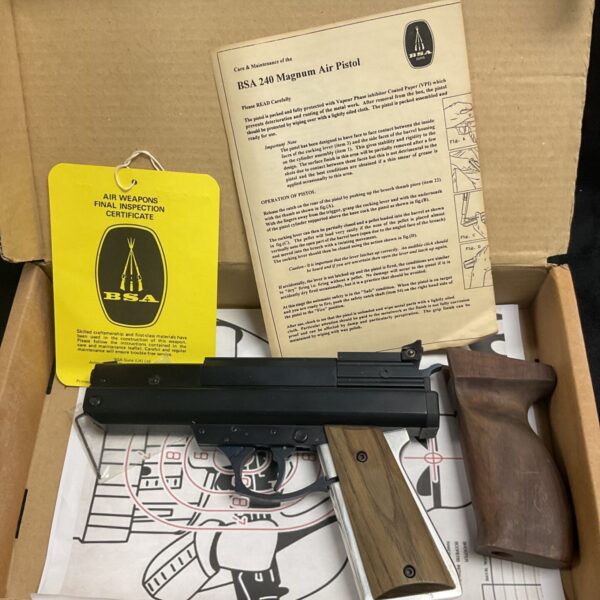 BSA 240 Magnum air pistol in original box with custom grip.