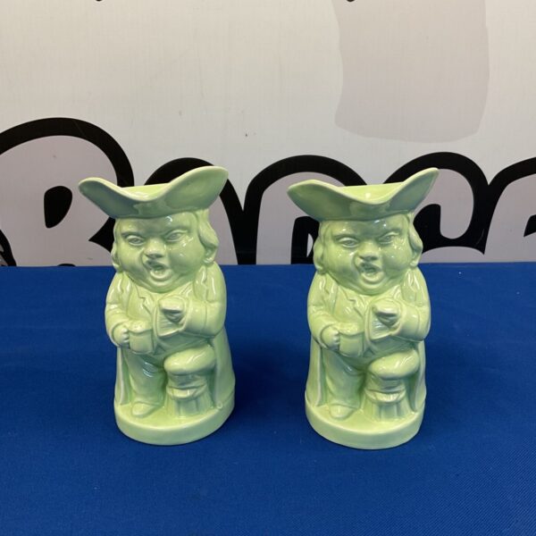 Vintage Burlingtonware green glazed character jugs, collectible pottery.