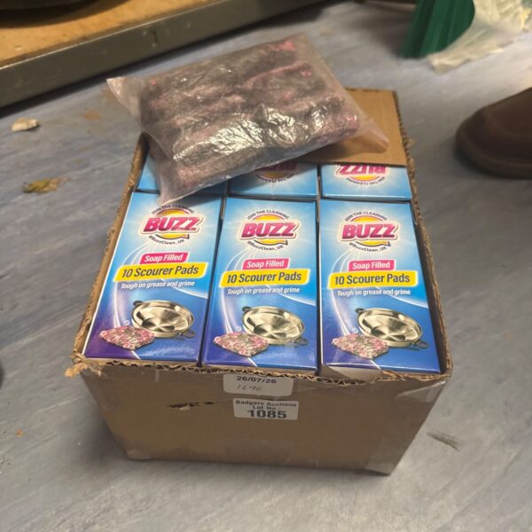 Box of new Buzz scouring pads for kitchen cleaning.