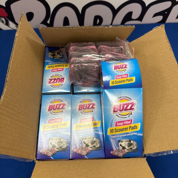 Box of Buzz soap filled scouring pads for kitchen cleaning.