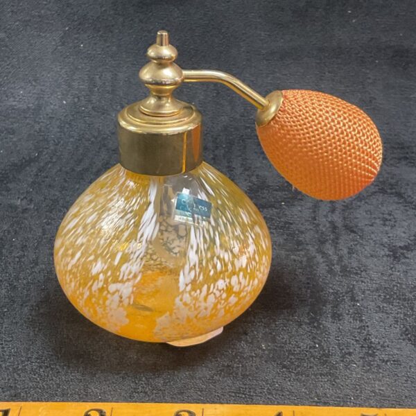 Vintage Caithness Studio Glass perfume atomiser with amber and white swirl.