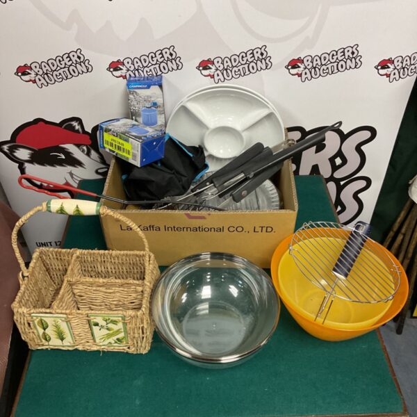 Camping equipment lot including Campingaz stove and BBQ utensils.