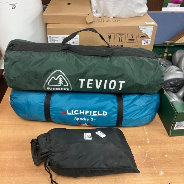 Two camping tents and a groundsheet, including Apache 621 model.
