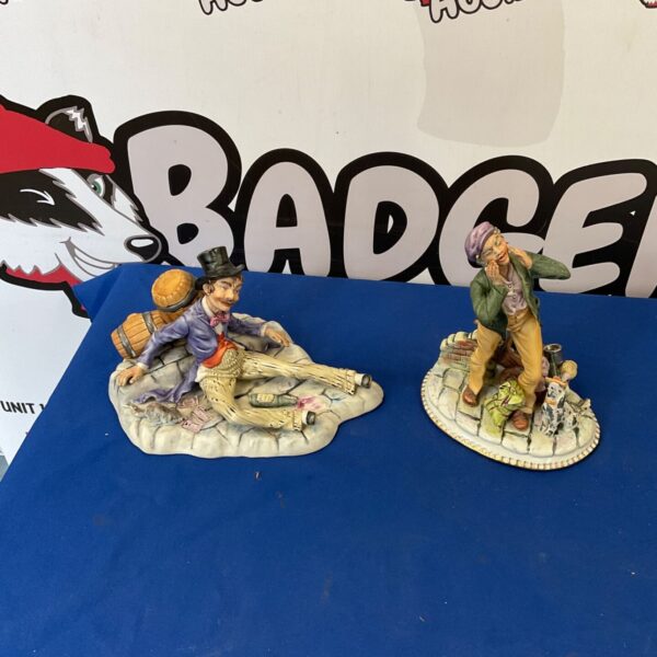 Pair of vintage Capodimonte porcelain character figurines on display.