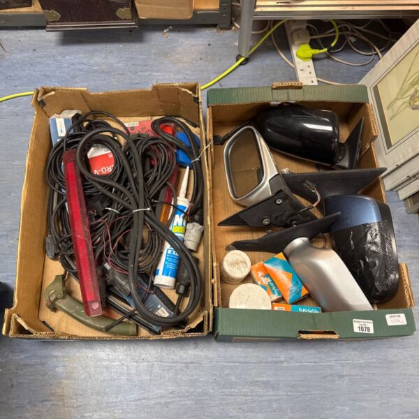 Mixed lot of car wing mirrors and garage tools.