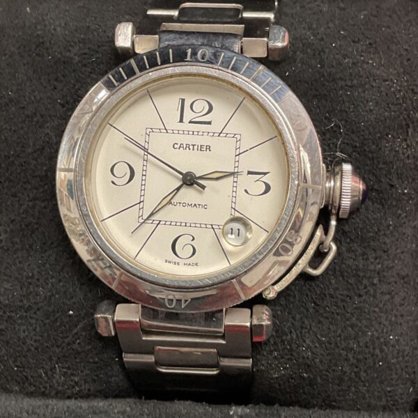 Close-up of the Cartier Pacha automatic wristwatch dial.