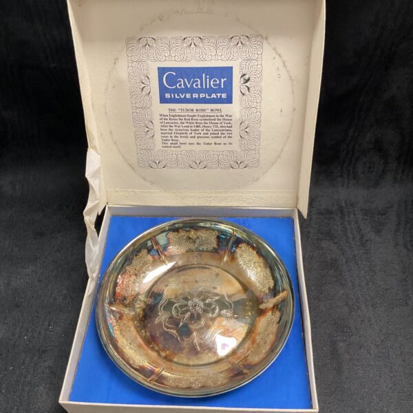 Vintage Cavalier Silverplate Tudor Rose bowl with floral design.