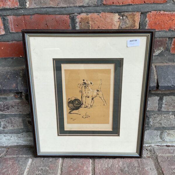 Vintage Cecil Aldin lithograph of a playful terrier puppy.