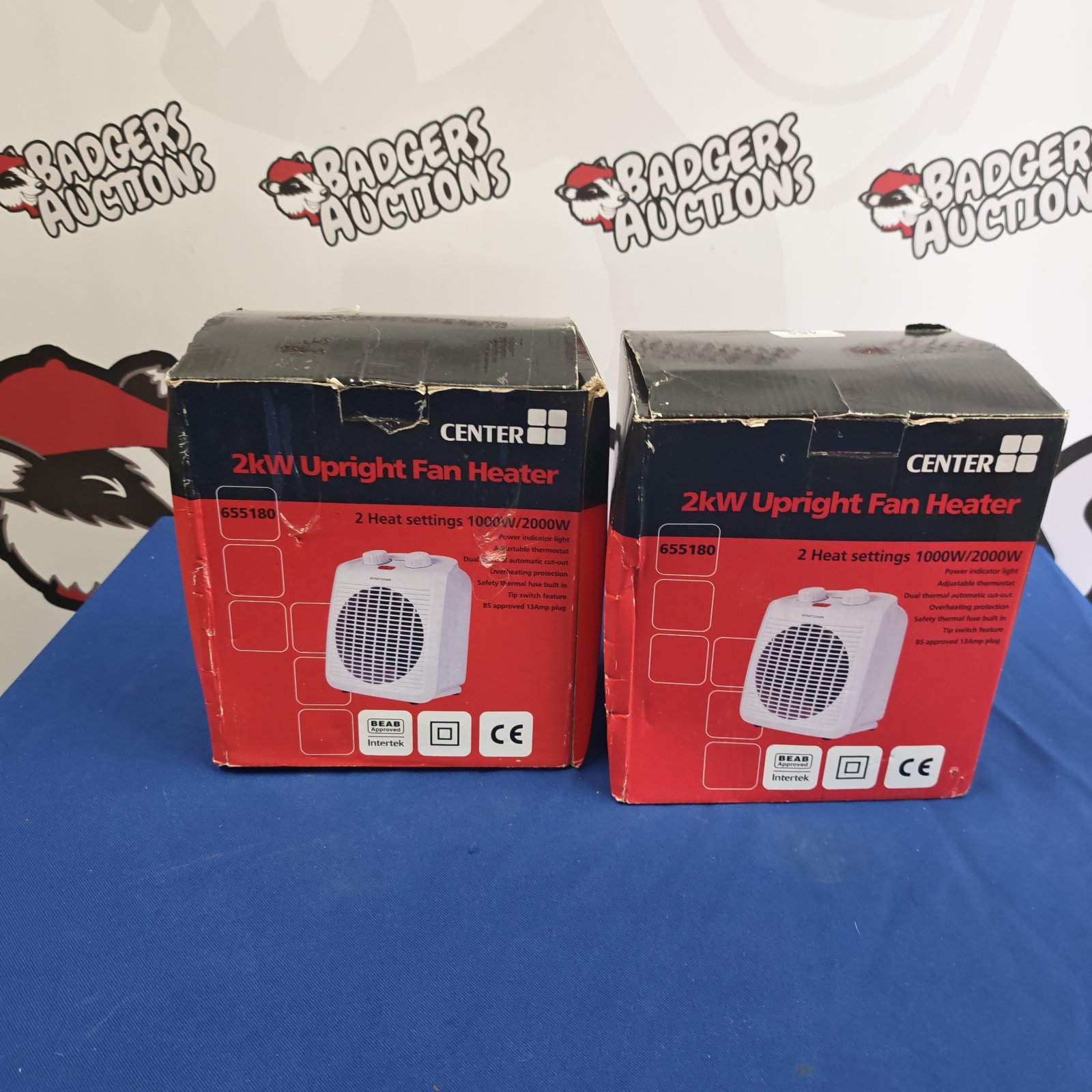 Center 2kW upright fan heater model 655180, showing front view.