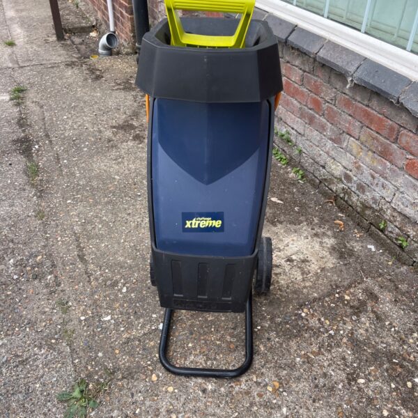 Blue Challenge Xtreme garden shredder with yellow hopper.