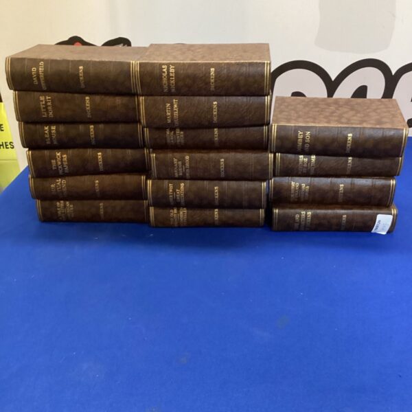 Antique set of Charles Dickens books with decorative bindings.