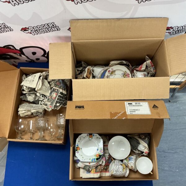 Boxed collection of vintage china and glassware including Royal Staffordshire.