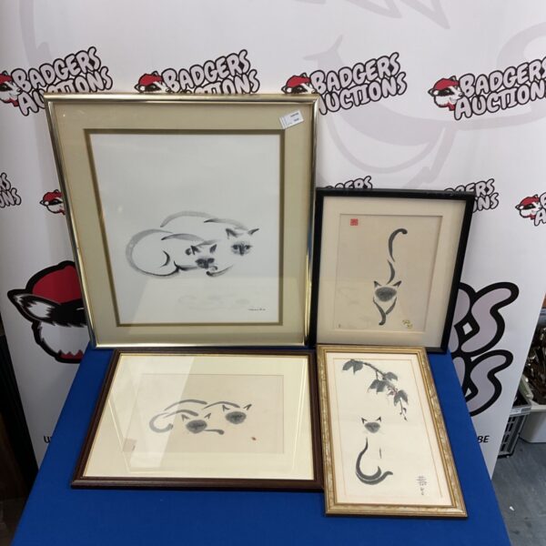 Vintage Chinese watercolour paintings of cats and a meiko print.