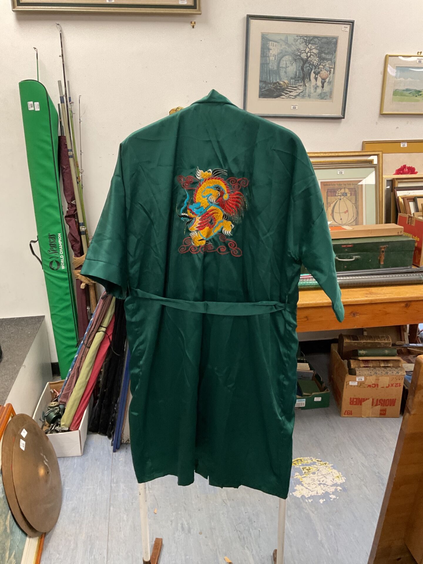 680 Chinese green silk dragon robe size large