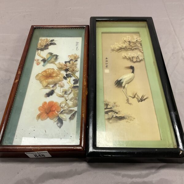 Antique Chinese hardstone display case with bird and floral carving.