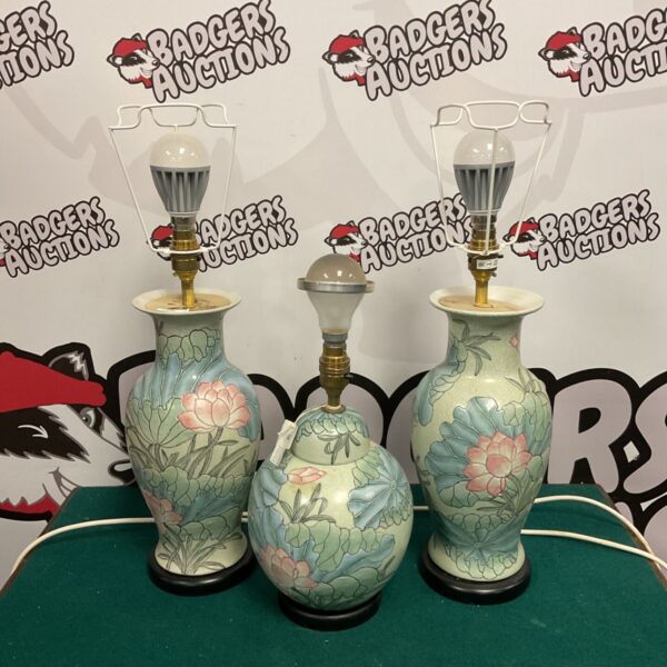 Group of three vintage Chinese lotus pattern table lamps.