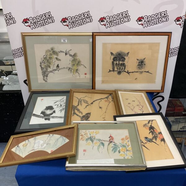 Vintage Chinese watercolour paintings of birds, including an owl and stork.