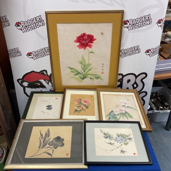 Lot of six antique Chinese watercolour floral paintings.