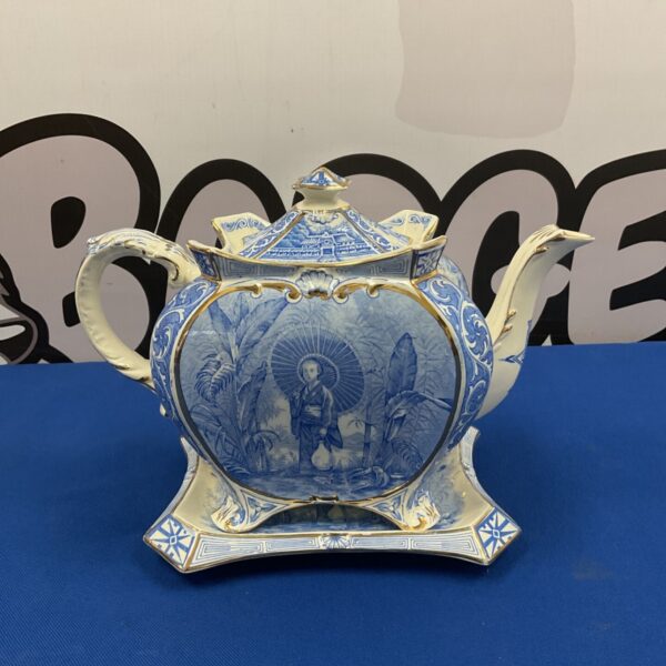 Antique chinoiserie teapot and tray set with blue and white porcelain.