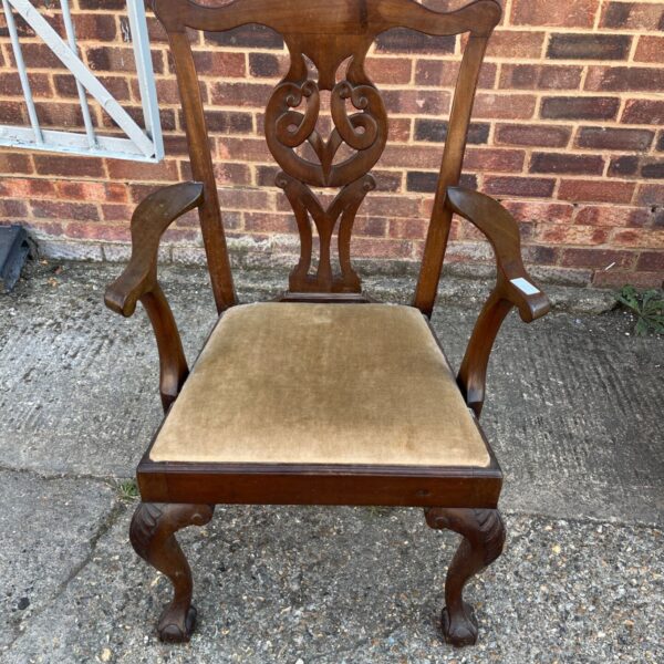 Antique Chippendale armchair with mahogany frame and ball and claw feet.