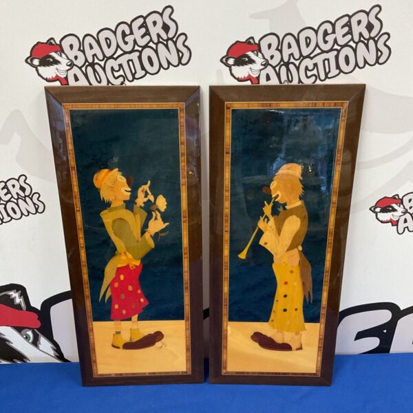 Vintage clown art panels inlaid wood from Sorrento Italy.