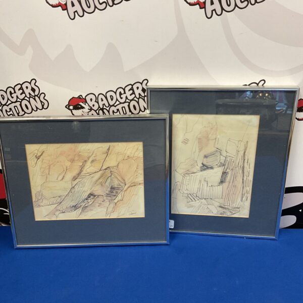Signed pair of original pen and ink cliffscapes by Cobum.