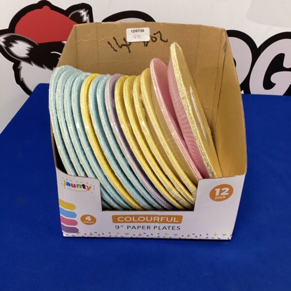 Pack of colourful 9 inch paper plates for parties.