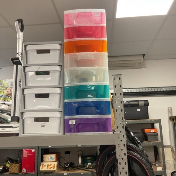 Colourful plastic storage boxes stacked for home organisation.