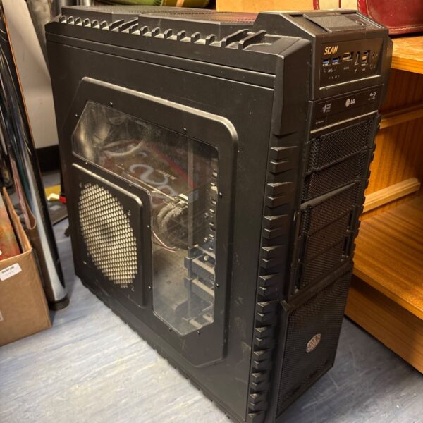 Black Cooler Master gaming PC case for computer components.