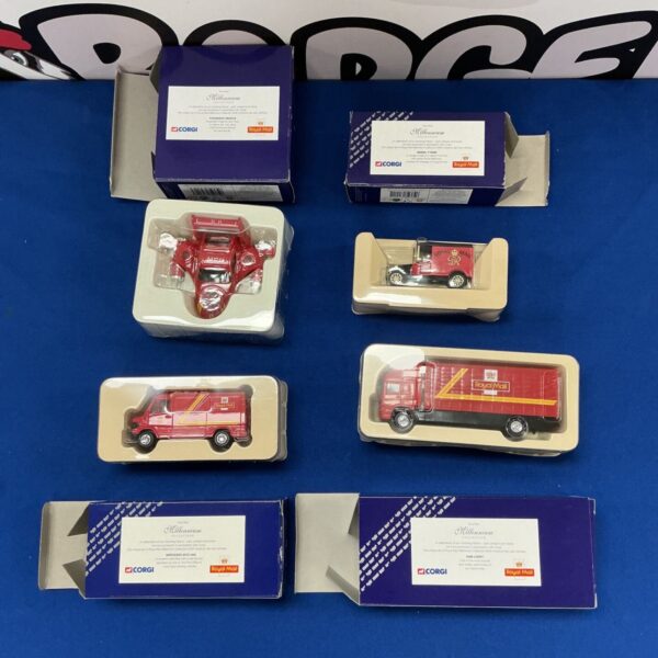 Corgi Royal Mail diecast model collection, including vintage and futuristic vehicles.