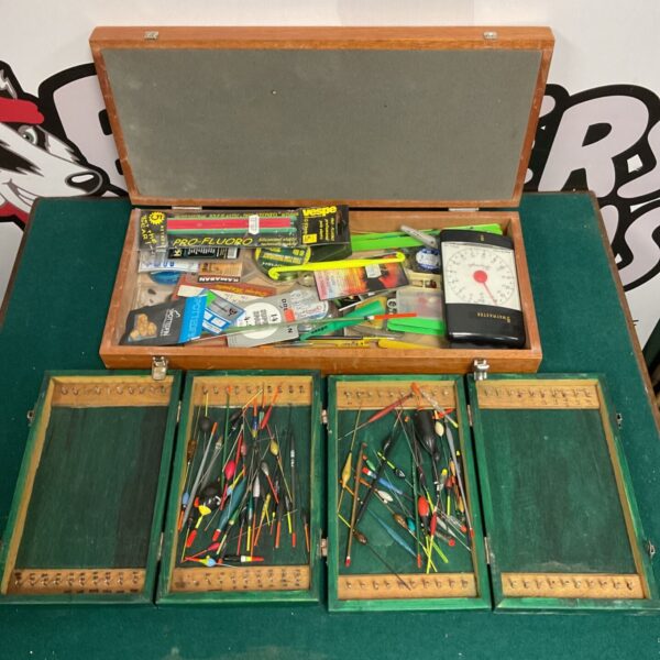 Course fishing tackle lot with floats and hooks in a box.