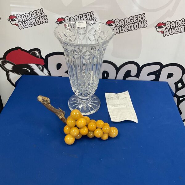 Elegant crystal Balmoral vase with colourful glass fruit display.