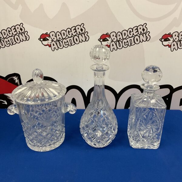 Polish lead crystal ice bucket and decanters, vintage barware set.