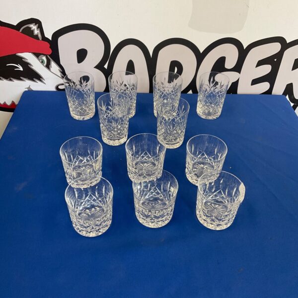 Twelve clear crystal tumblers with a cut glass pattern.