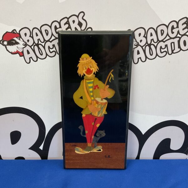 Vintage Cuomo Sorrento Italy clown art inlaid wood wall decor.
