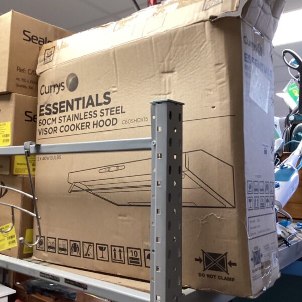 Curry’s essential 60cm stainless steel cooker hood in original packaging.