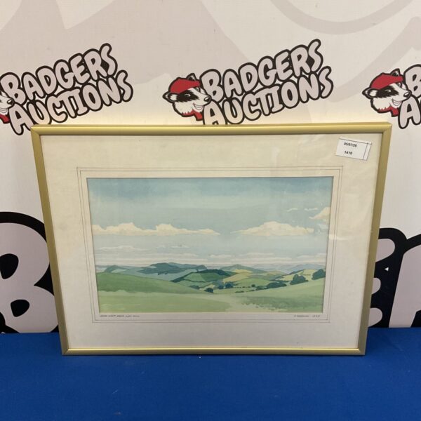 Framed watercolour painting 'South West from Llys Hill' by D Wheeler.
