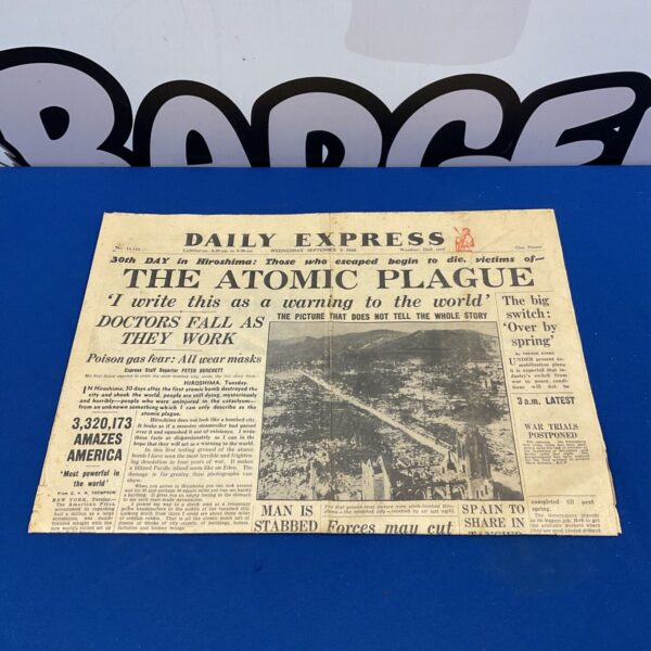 Original 1945 Daily Express newspaper with "Atomic Plague" headline.