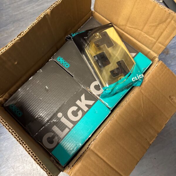 Four boxes of new Deco Click brass effect plug sockets.