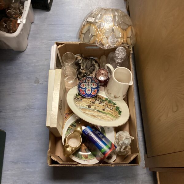 Mixed lot of decorative plates, decanter, and tankards for collectors.