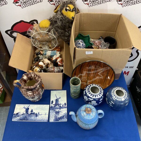 Vintage Delft tiles and Shelley teapot in a collectible lot.