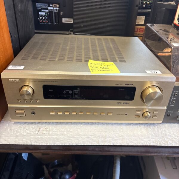 Vintage Denon AVR-2802 AV receiver front panel detail.