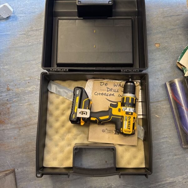Dewalt 18v cordless drill with battery, showing the tool and battery.