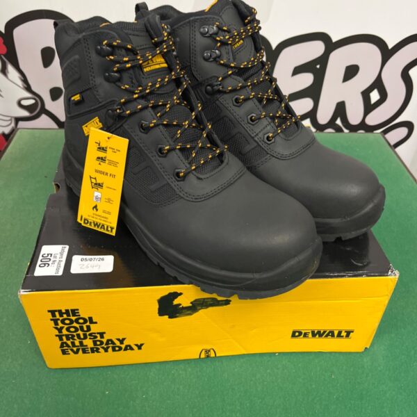 Dewalt size 10 steel toe cap safety boots, showing wear.