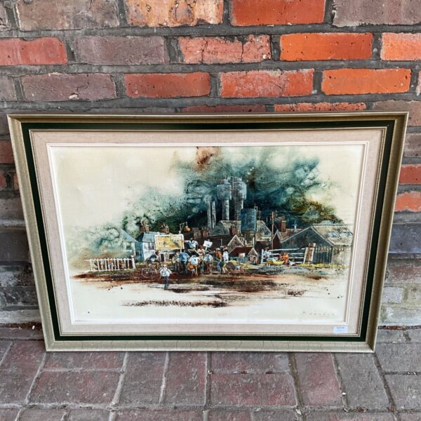 Large oil painting "Trouble at Mill" by d j bassage, a detailed mill scene.