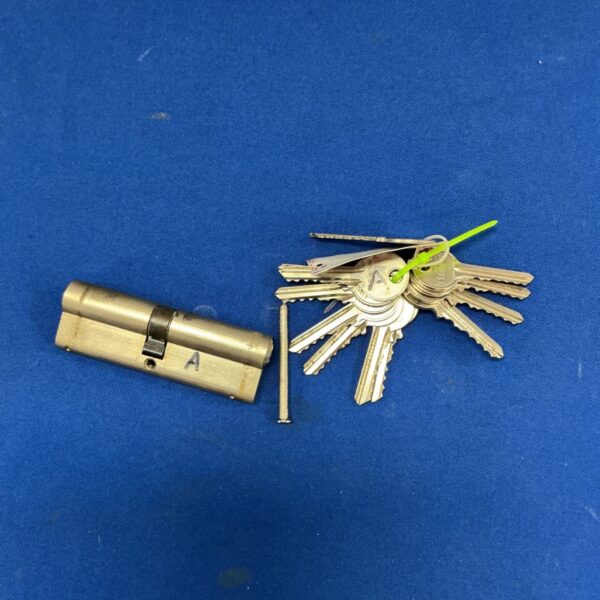 Vintage brass door lock with twelve keys for security.