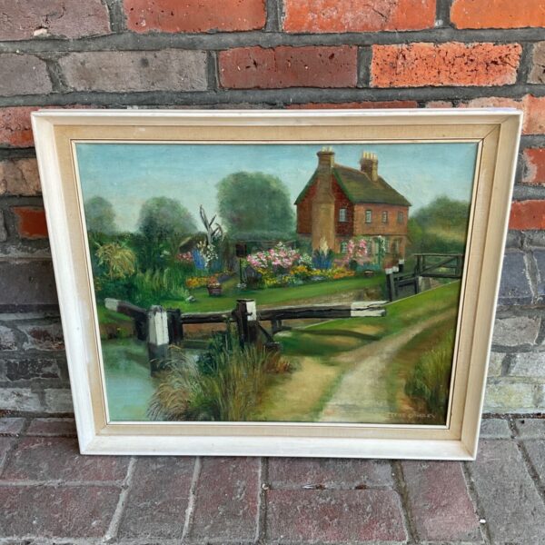 Original Doris Cowley oil painting of a canal lock keeper's cottage.
