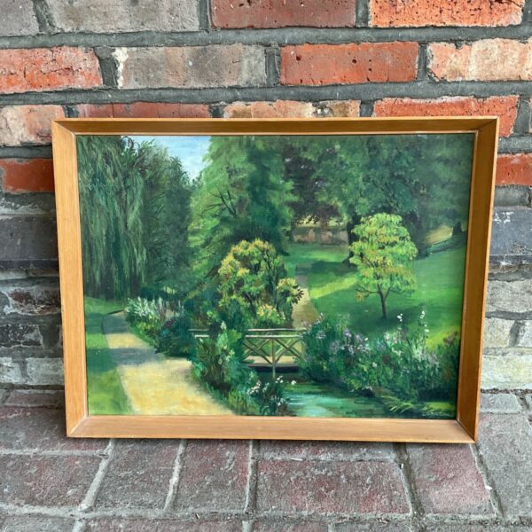 Signed Doris Cowley oil painting of a country park with a stream.