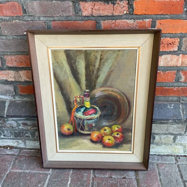 Doris Cowley still life oil painting featuring apples and a stoneware charger.